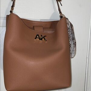 Anne Klein Saddle Pebble Leather Shoulder Bag with AK Marble Brass Insignia